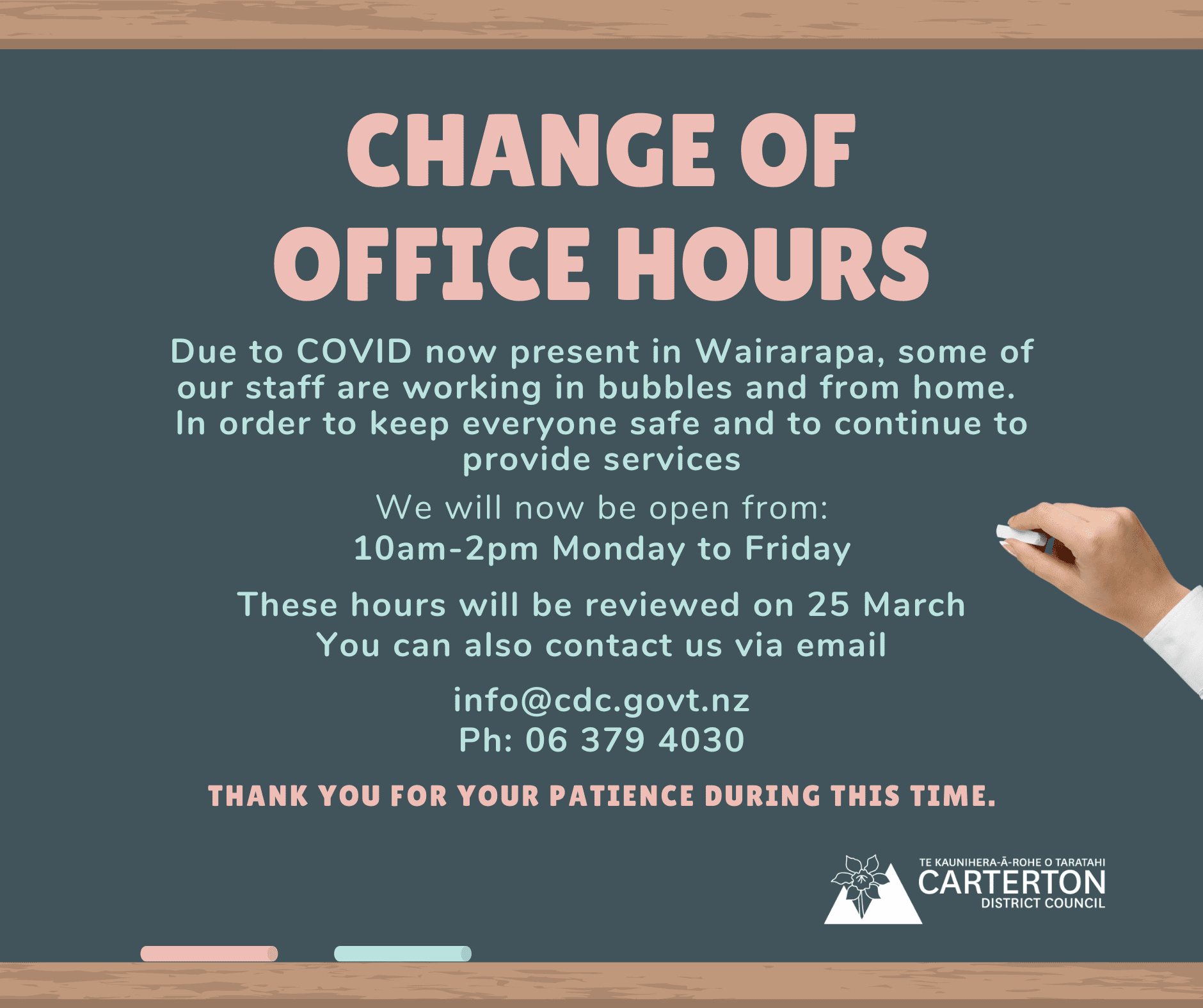 Temporary change to main council office hours Carterton District Council