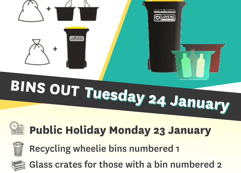 Wellington Anniversary waste and recycling collection. Bins collected Tuesday 24 January.
