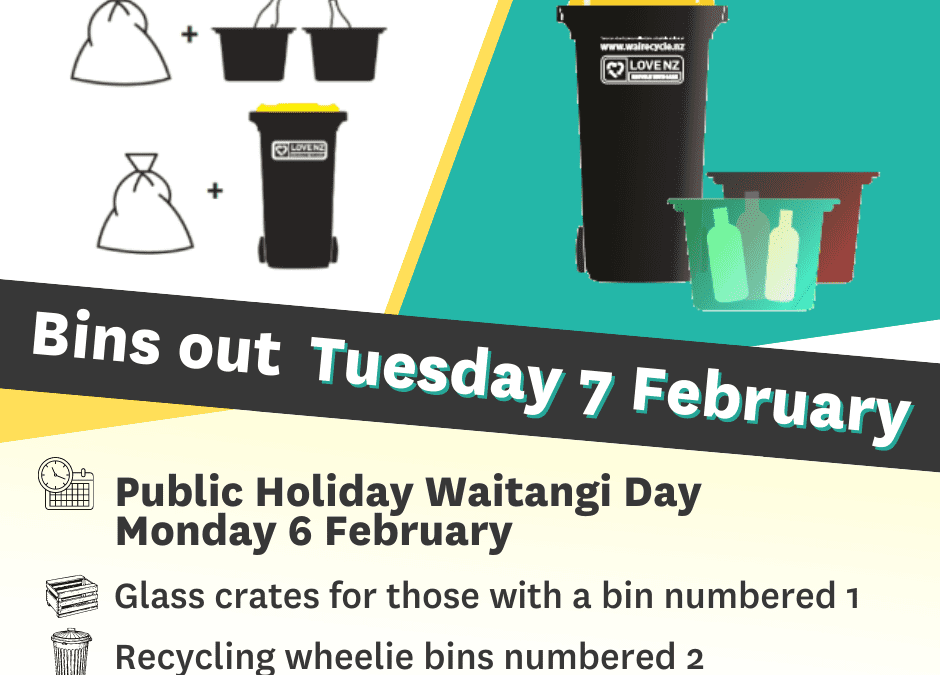 Bins out Tuesday: Waitangi Day on Monday
