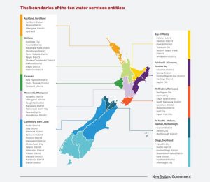  The image shows a map of New Zealand and the proposed boundaries for the 10 Water Services Entities in New Zealand.