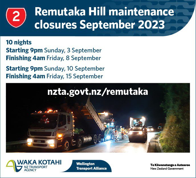SH2 Remutaka Hill Roadworks: Sunday 3 to Friday 8 September