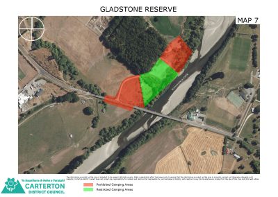 A photo detailing restricted and prohibited camping area at Gladstone Reserve, Carterton District.