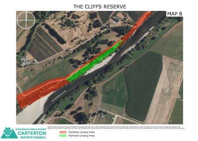 A photo detailing restricted and prohibited camping area at The Cliffs Reserve, Carterton District.