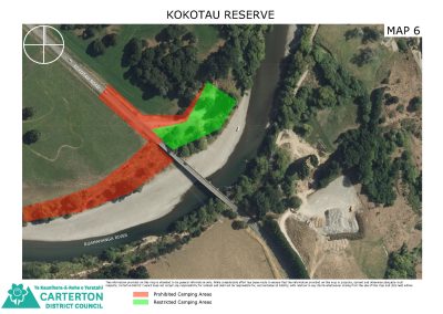 A photo detailing restricted and prohibited camping area at Kokotau Reserve, Carterton District.