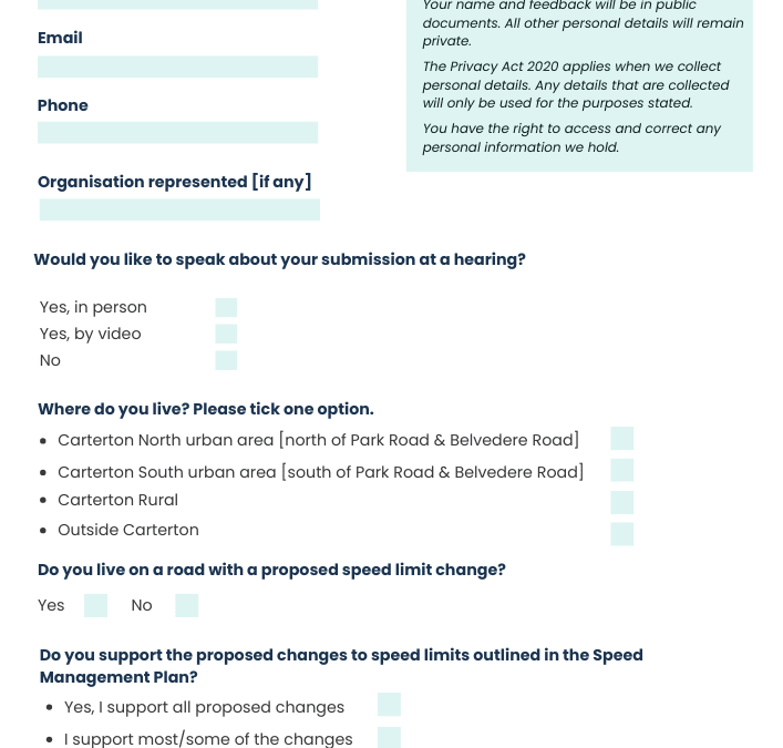 Submission form: Speed management plan consultation